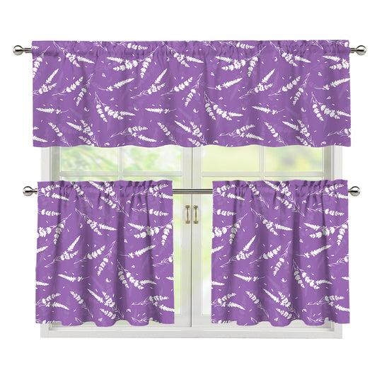 Purple And White Lavender Pattern Print 3 Piece Kitchen Curtains