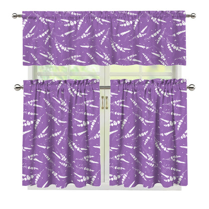 Purple And White Lavender Pattern Print 3 Piece Kitchen Curtains