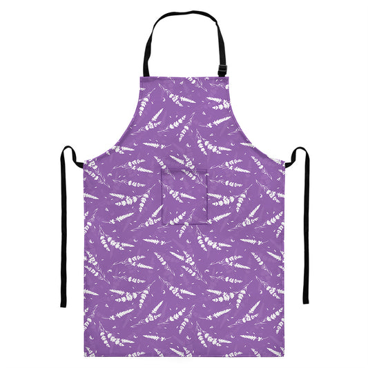 Purple And White Lavender Pattern Print Bib Apron With Pocket