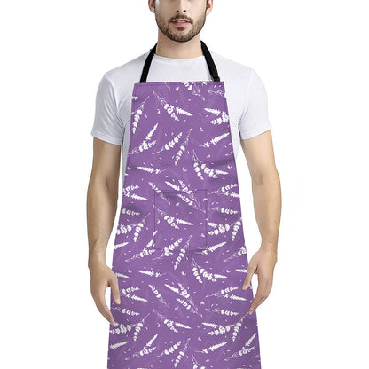 Purple And White Lavender Pattern Print Bib Apron With Pocket
