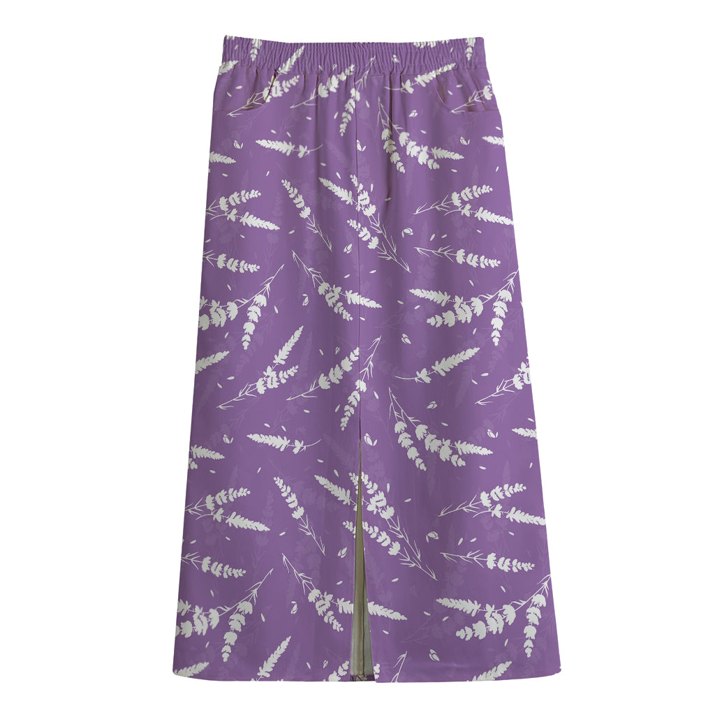 Purple And White Lavender Pattern Print Cotton Front Slit Maxi Skirt