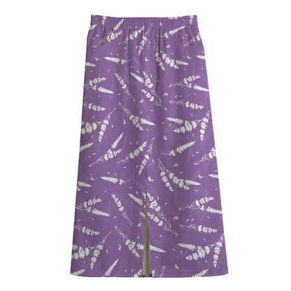 Purple And White Lavender Pattern Print Cotton Front Slit Maxi Skirt