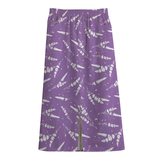Purple And White Lavender Pattern Print Cotton Front Slit Maxi Skirt