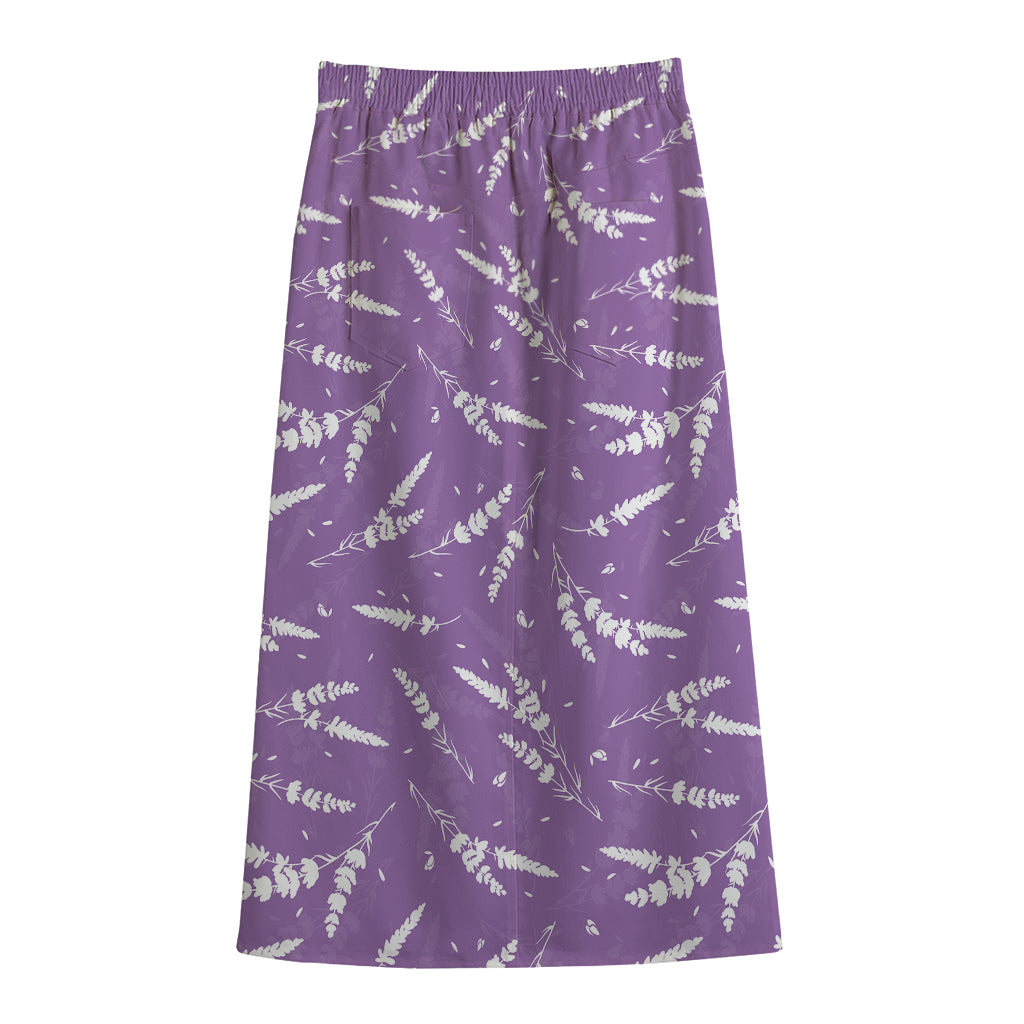 Purple And White Lavender Pattern Print Cotton Front Slit Maxi Skirt