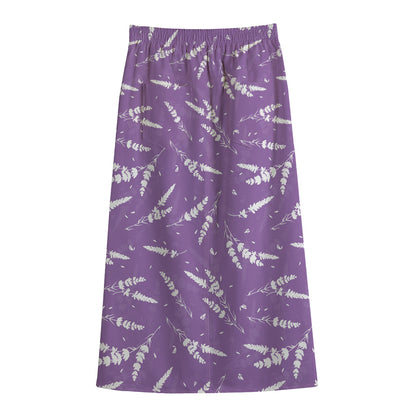 Purple And White Lavender Pattern Print Cotton Front Slit Maxi Skirt