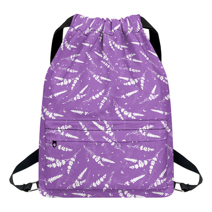 Purple And White Lavender Pattern Print Drawstring Backpack