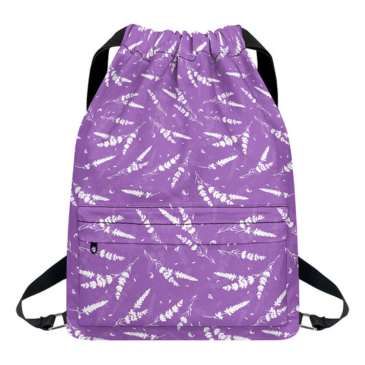 Purple And White Lavender Pattern Print Drawstring Backpack