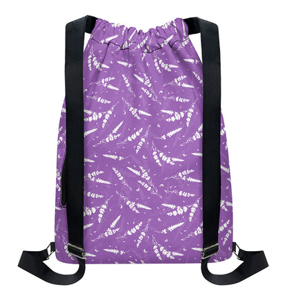 Purple And White Lavender Pattern Print Drawstring Backpack