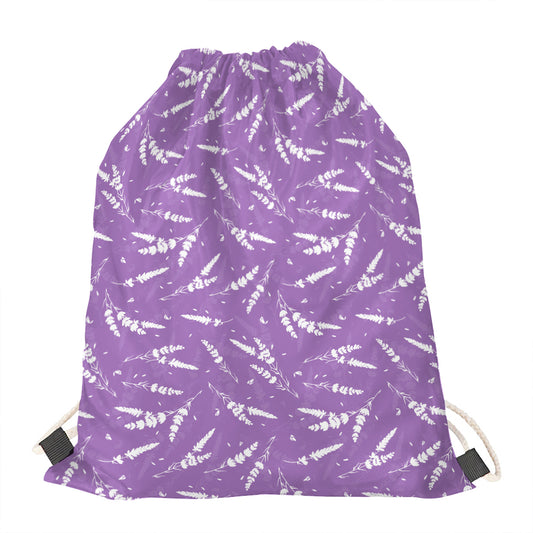 Purple And White Lavender Pattern Print Drawstring Bag