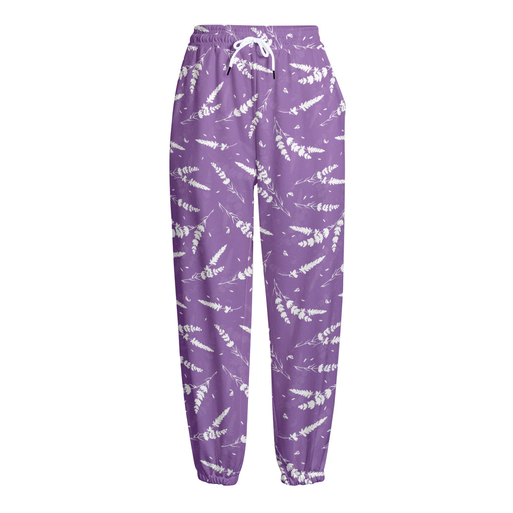 Purple And White Lavender Pattern Print Fleece Lined Knit Pants