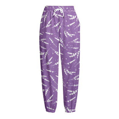 Purple And White Lavender Pattern Print Fleece Lined Knit Pants