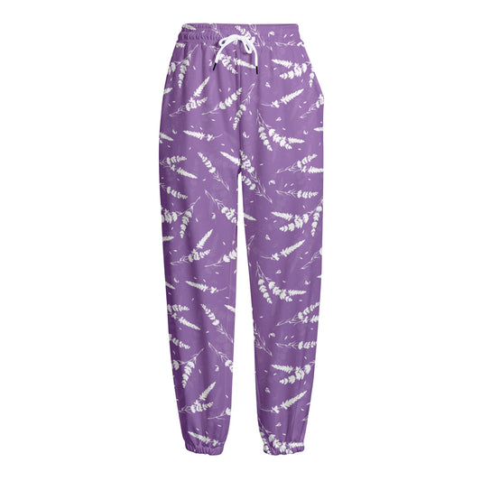 Purple And White Lavender Pattern Print Fleece Lined Knit Pants