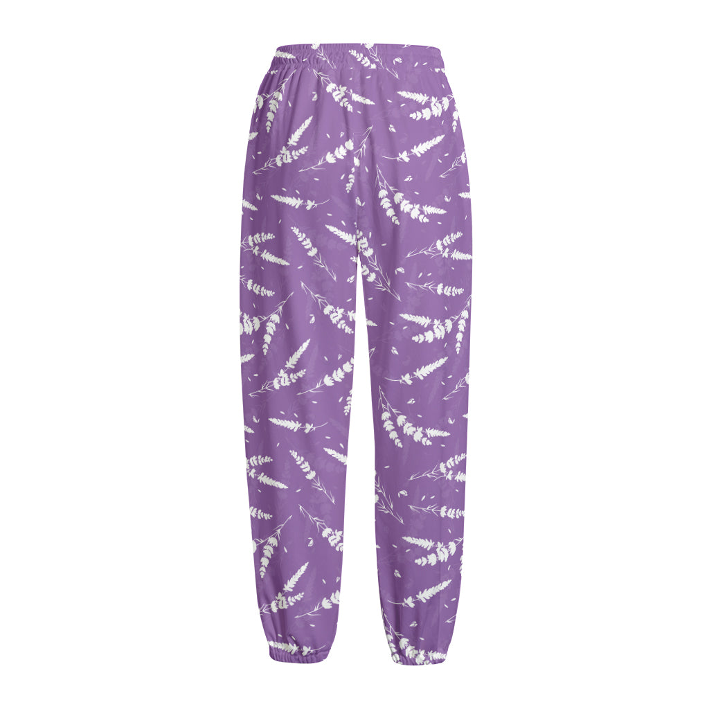 Purple And White Lavender Pattern Print Fleece Lined Knit Pants