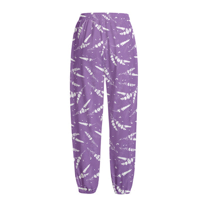 Purple And White Lavender Pattern Print Fleece Lined Knit Pants