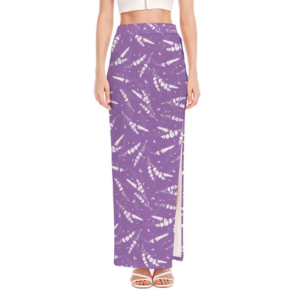 Purple And White Lavender Pattern Print High Slit Maxi Skirt