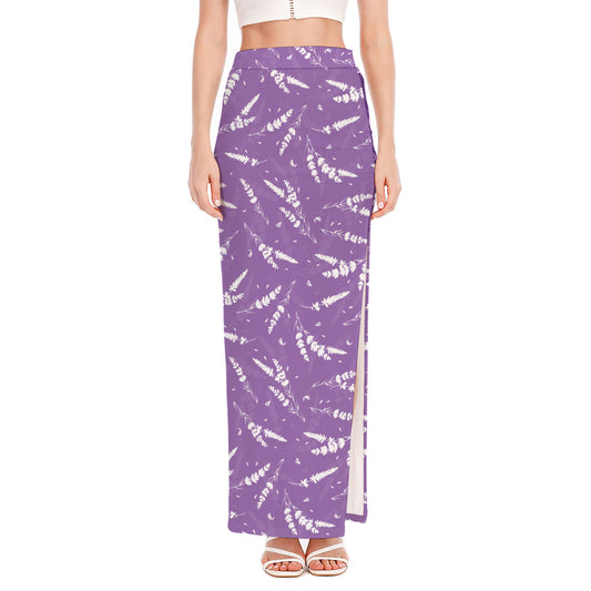 Purple And White Lavender Pattern Print High Slit Maxi Skirt