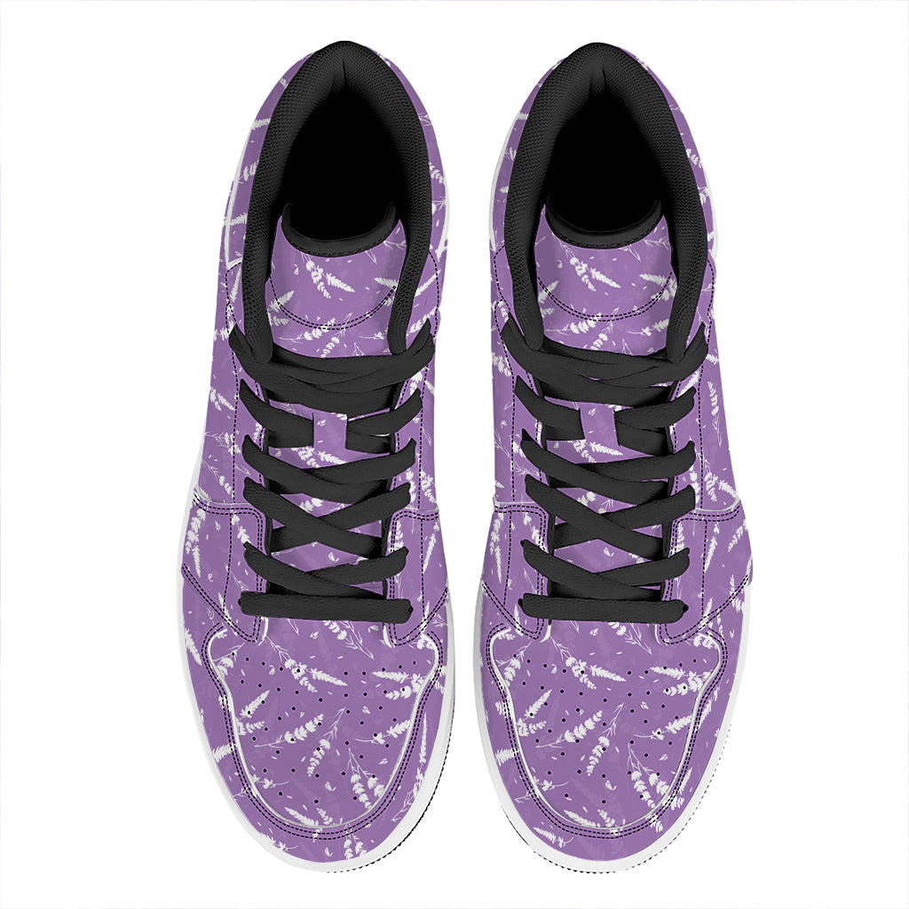 Purple And White Lavender Pattern Print High Top Leather Sneakers
