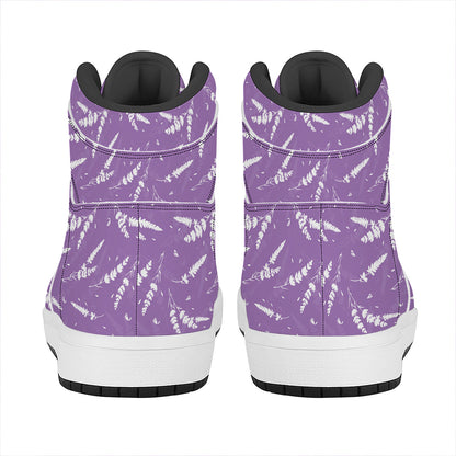 Purple And White Lavender Pattern Print High Top Leather Sneakers