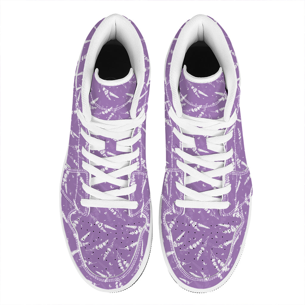 Purple And White Lavender Pattern Print High Top Leather Sneakers