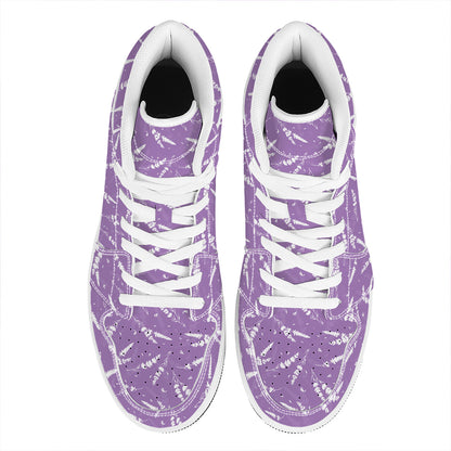 Purple And White Lavender Pattern Print High Top Leather Sneakers