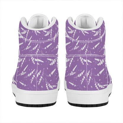 Purple And White Lavender Pattern Print High Top Leather Sneakers