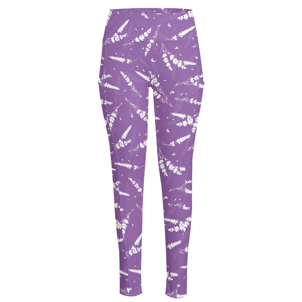 Purple And White Lavender Pattern Print High-Waisted Pocket Leggings
