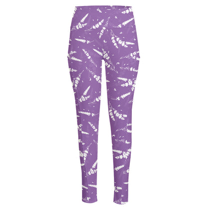 Purple And White Lavender Pattern Print High-Waisted Pocket Leggings