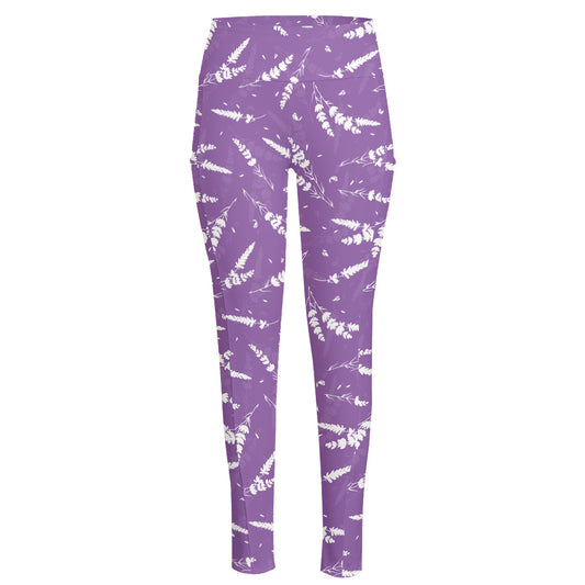 Purple And White Lavender Pattern Print High-Waisted Pocket Leggings