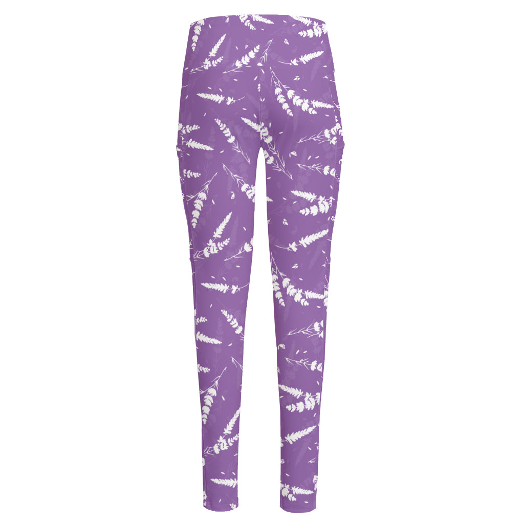 Purple And White Lavender Pattern Print High-Waisted Pocket Leggings