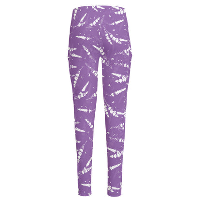 Purple And White Lavender Pattern Print High-Waisted Pocket Leggings