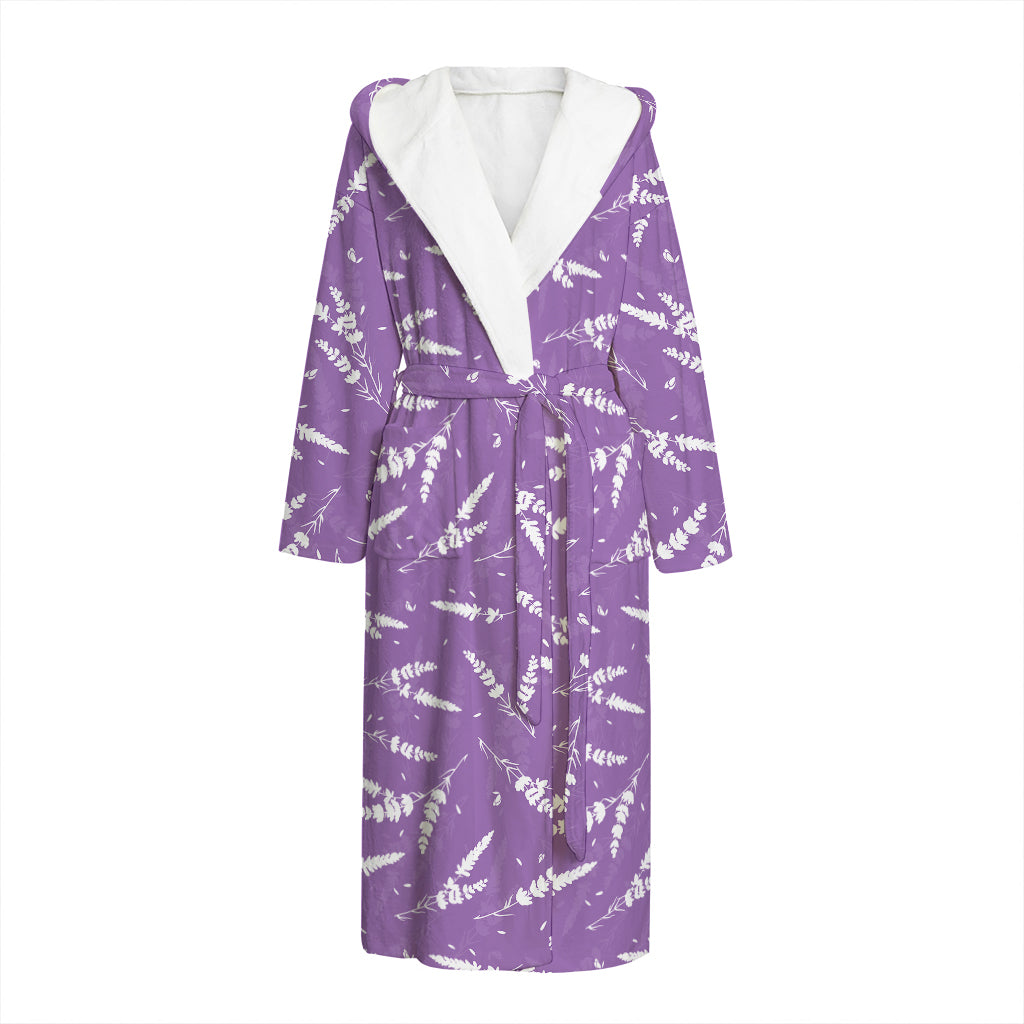 Purple And White Lavender Pattern Print Hooded Bathrobe