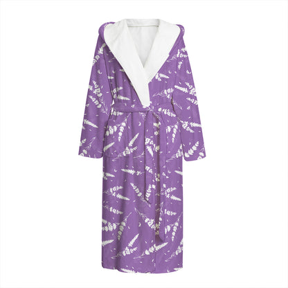 Purple And White Lavender Pattern Print Hooded Bathrobe