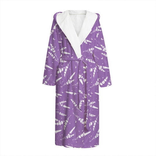 Purple And White Lavender Pattern Print Hooded Bathrobe