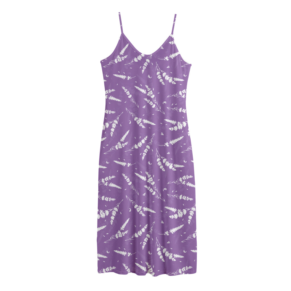 Purple And White Lavender Pattern Print Jersey Midi Cami Dress