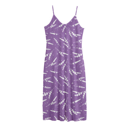 Purple And White Lavender Pattern Print Jersey Midi Cami Dress