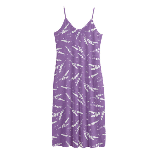 Purple And White Lavender Pattern Print Jersey Midi Cami Dress
