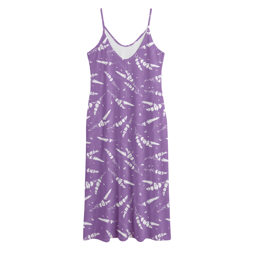 Purple And White Lavender Pattern Print Jersey Midi Cami Dress