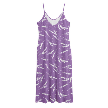 Purple And White Lavender Pattern Print Jersey Midi Cami Dress
