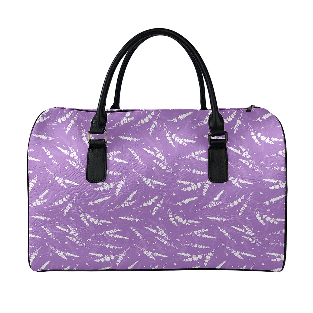 Purple And White Lavender Pattern Print Leather Duffle Bag