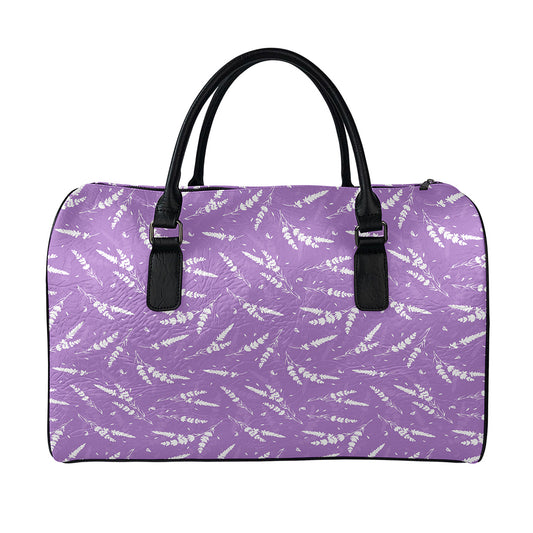Purple And White Lavender Pattern Print Leather Duffle Bag