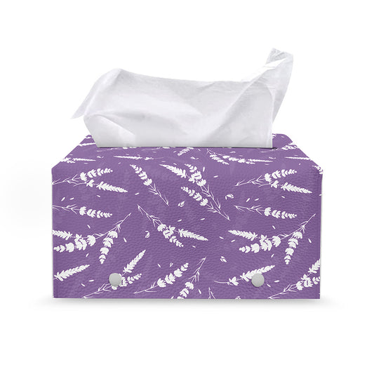 Purple And White Lavender Pattern Print Leather Tissue Box Cover