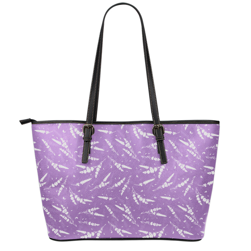 Purple And White Lavender Pattern Print Leather Tote Bag