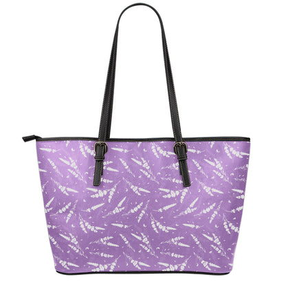 Purple And White Lavender Pattern Print Leather Tote Bag