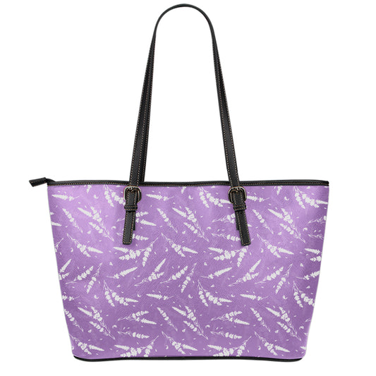 Purple And White Lavender Pattern Print Leather Tote Bag