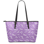 Purple And White Lavender Pattern Print Leather Tote Bag