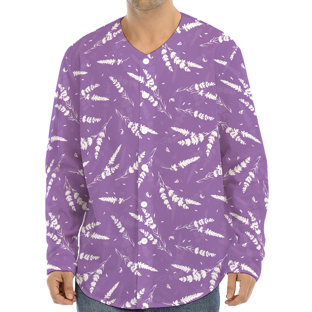 Purple And White Lavender Pattern Print Long Sleeve Baseball Jersey