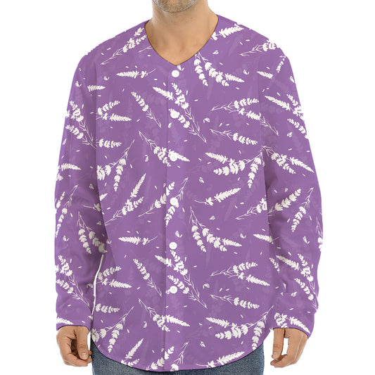 Purple And White Lavender Pattern Print Long Sleeve Baseball Jersey