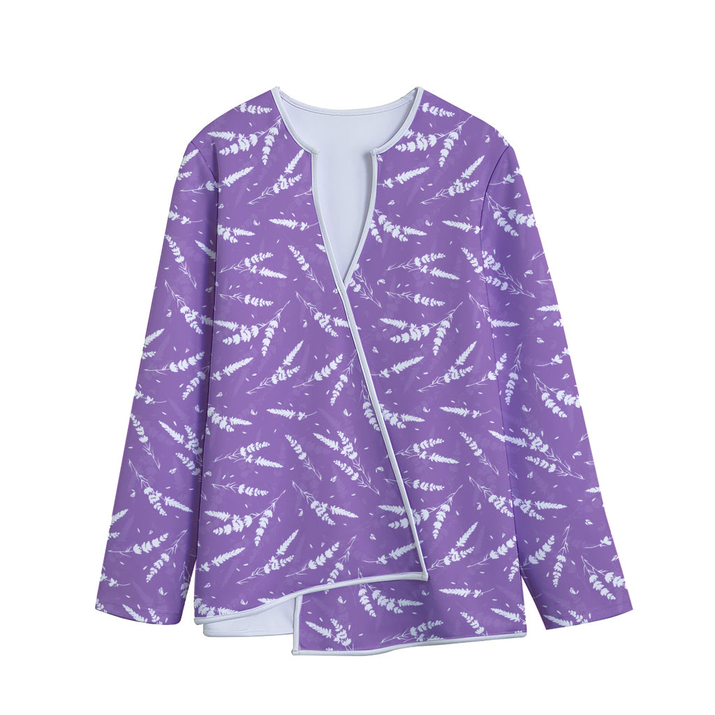 Purple And White Lavender Pattern Print Long Sleeve Short Coat