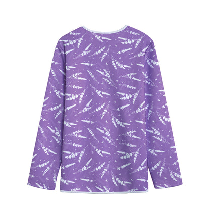 Purple And White Lavender Pattern Print Long Sleeve Short Coat