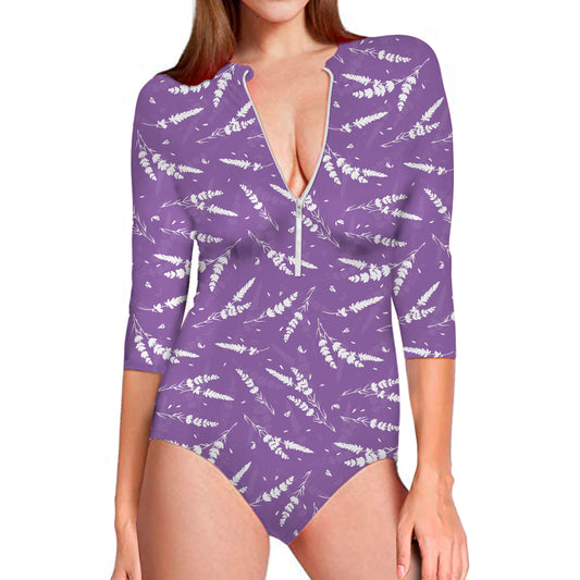 Purple And White Lavender Pattern Print Long Sleeve Swimsuit